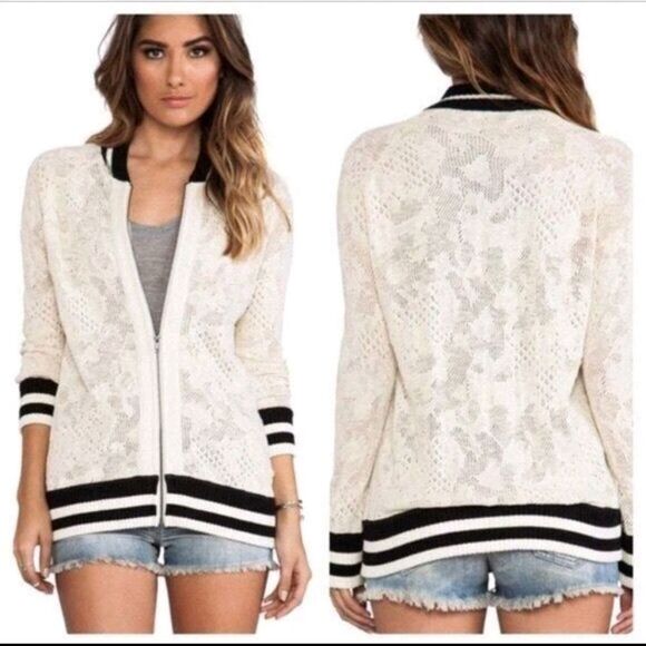 Free People Ivory Black Full Zip Crochet Women's Sweater Jacket Size S Blogger - Picture 3 of 12